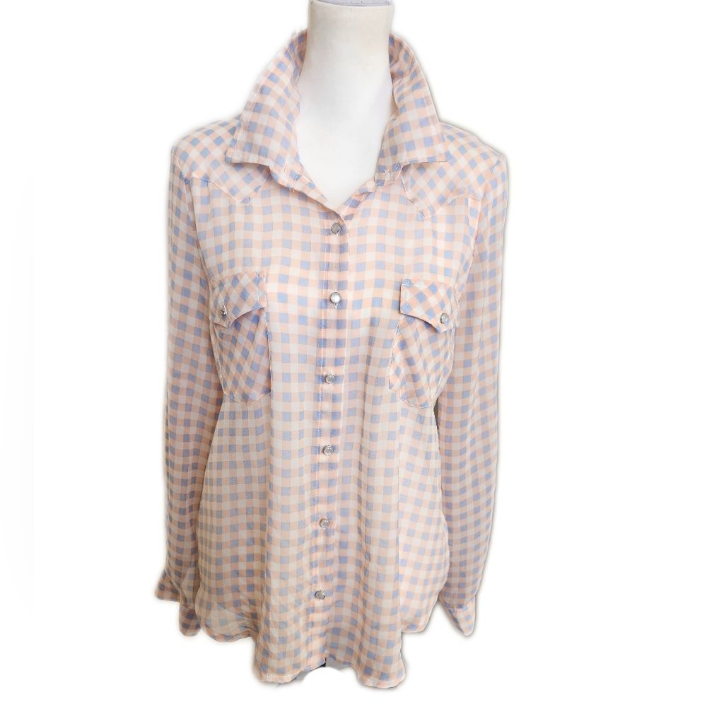 About A Girl Los Angeles, Sheer Button Down Blouse, Peach & Blue Checkered, M